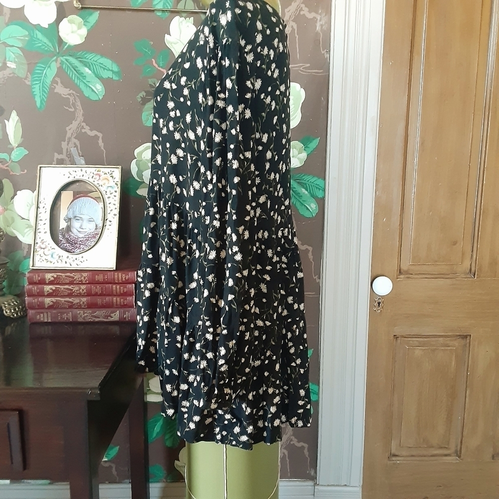 American Eagle XL Black Floral Babydoll Tunic Top Boho Peasant Long Sleeve - Picture 6 of 15